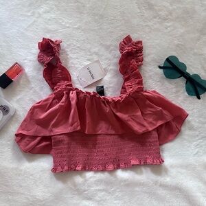 Forever 21 Pink Flutter Sleeve Smocked Crop Top